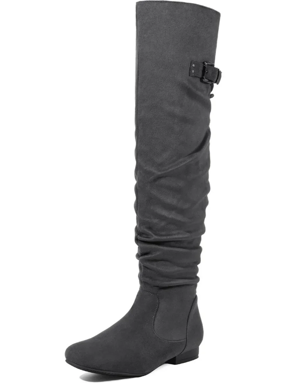 👢Women's Grey Knee High Boots Fringes Buckle Straps Chunky Heel Square Toe